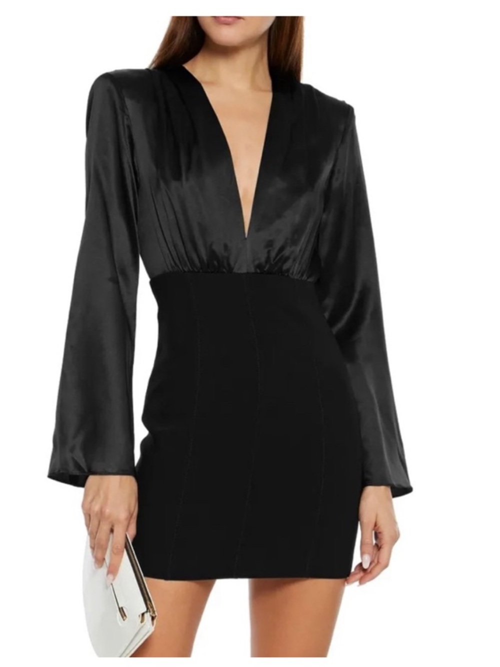Cinq a Sept Black Sandy Satin V-Neck Long Sleeve Sheath Dress Size 6